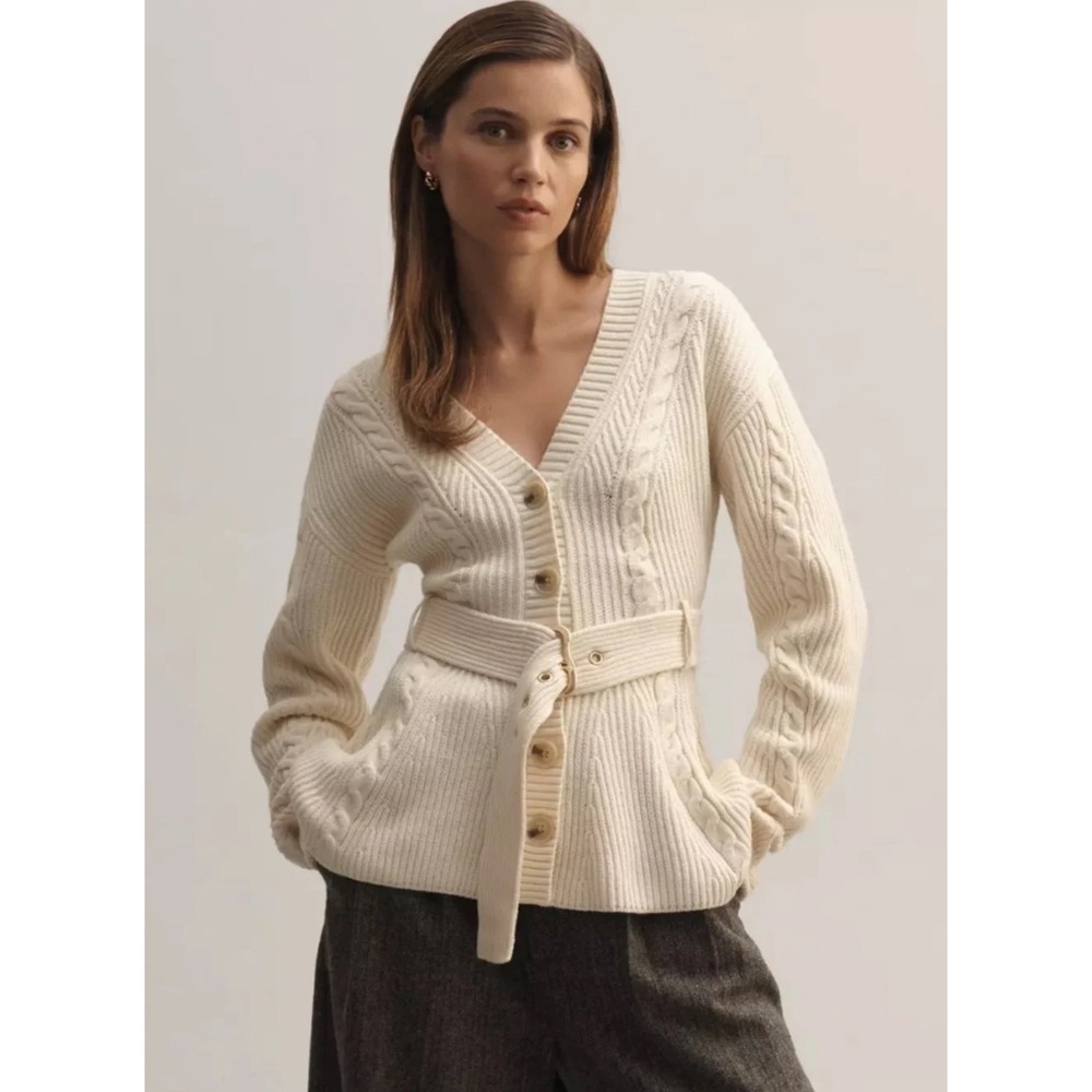 Maeve Belted Cable Cardigan Sweater Women SP Ivory Cable Knit NWT